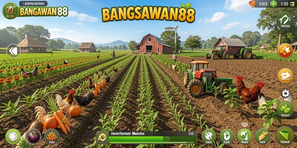 Tampilan gameplay BANGSAWAN88 dengan pemandangan ladang hijau dan hewan ternak.