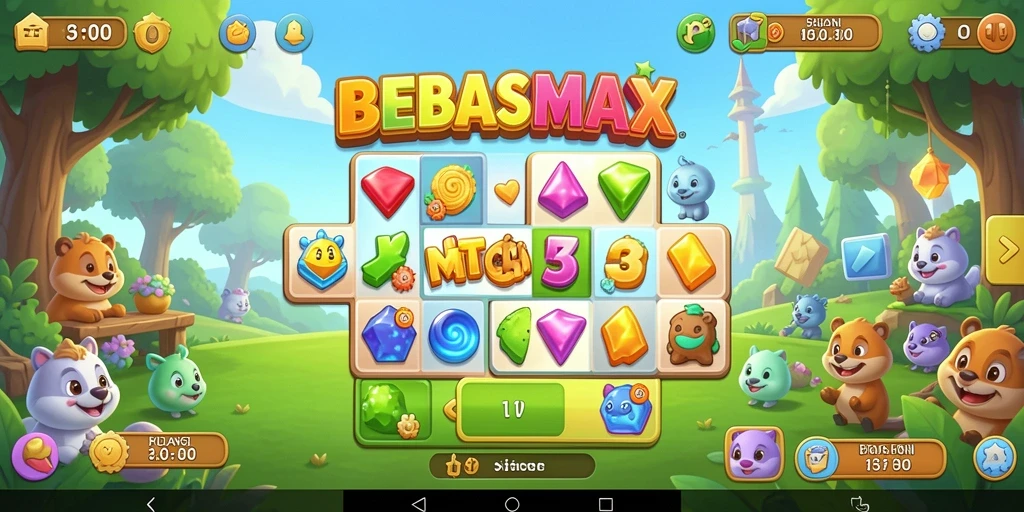 Screenshot gameplay BEBASMAX menampilkan kombinasi objek Match-3 yang seru.