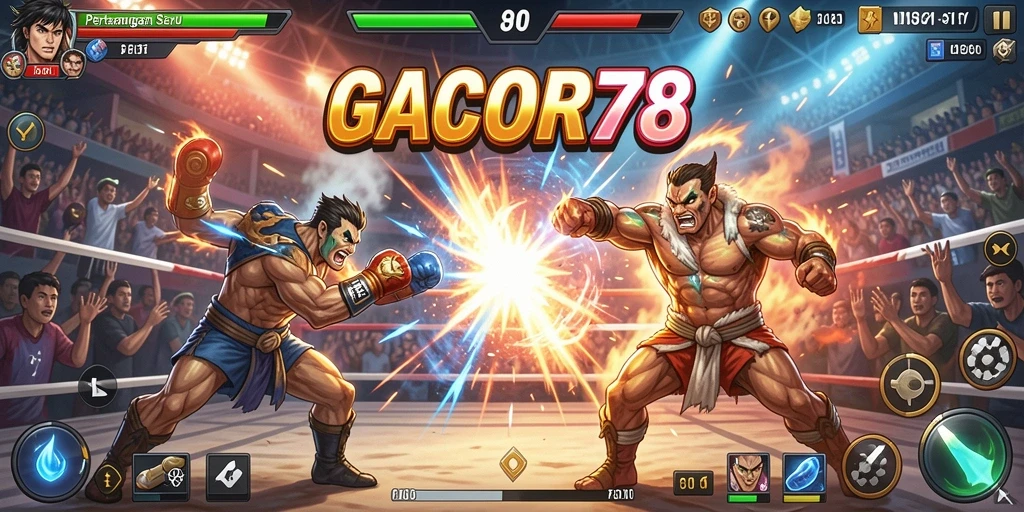 Tangkapan layar gameplay <strong>GACOR78</strong> menunjukkan pertarungan seru antar karakter.