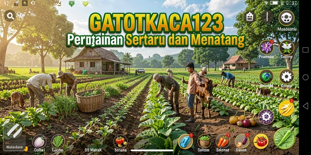 Tampilan gameplay GATOTKACA123 yang menampilkan proses bertani yang seru.