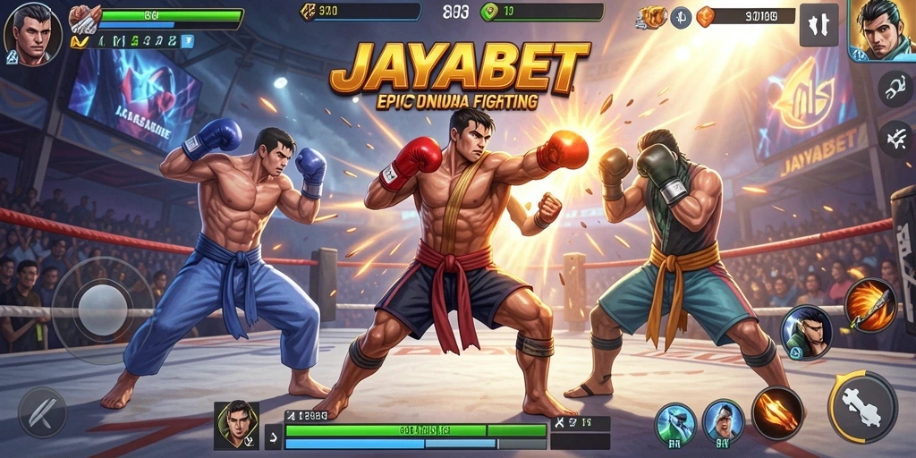 Gambar tampilan utama gameplay JAYABET yang penuh aksi pertarungan.
