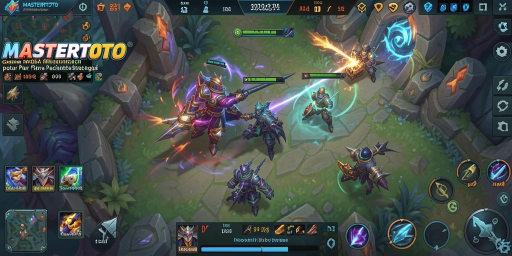 Screenshot gameplay MASTERTOTO menampilkan pertempuran MOBA yang intens.