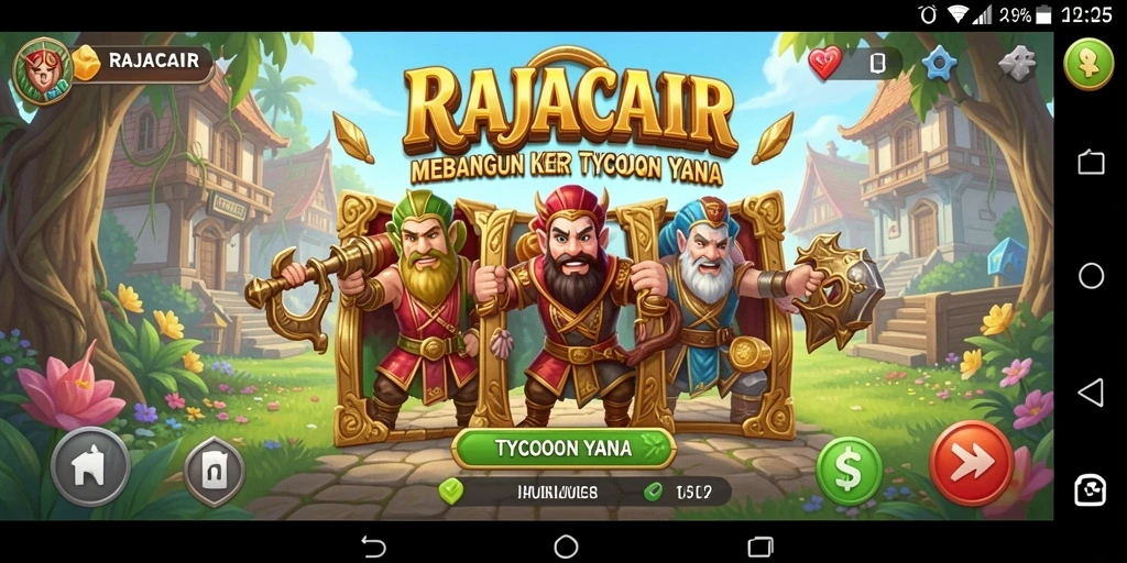 Tangkapan layar RAJACAIR menampilkan gameplay menarik dalam membangun kerajaan Tycoon.