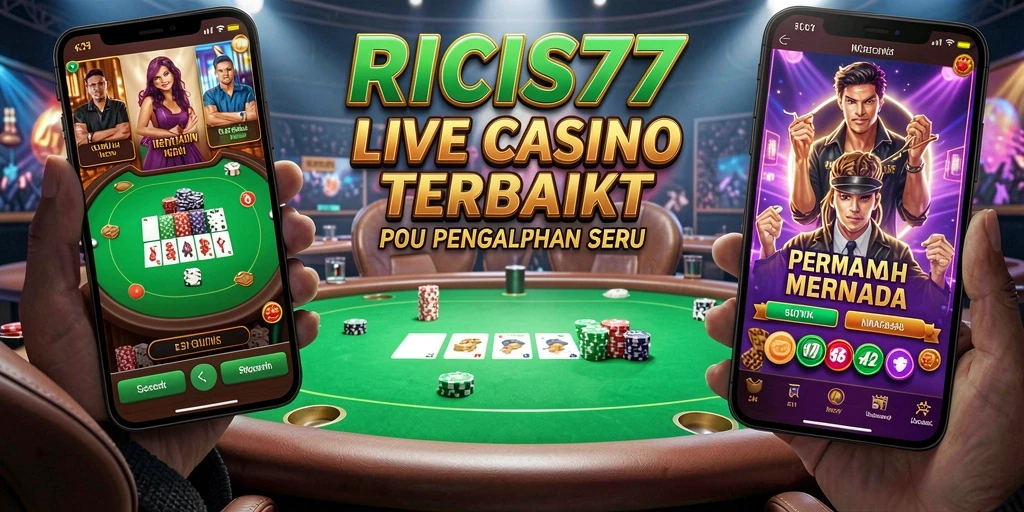 Screenshot gameplay RICIS77 yang menampilkan dealer langsung dan meja permainan.