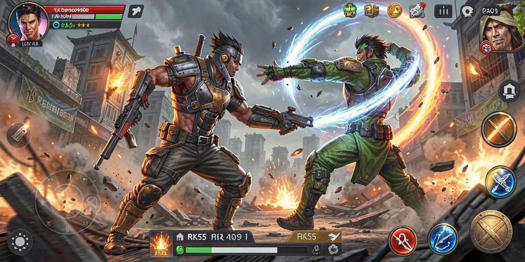 Screenshot utama RK55 menampilkan aksi pertarungan yang mendebarkan.