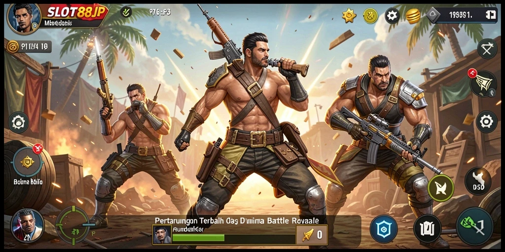Gambaran gameplay seru dalam SLOT88JP dengan pertarungan menegangkan di arena.