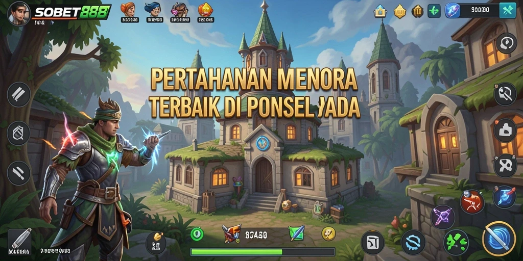 Tampilan gameplay Tower Defense SOBET88 dengan menara dan musuh yang menantang.